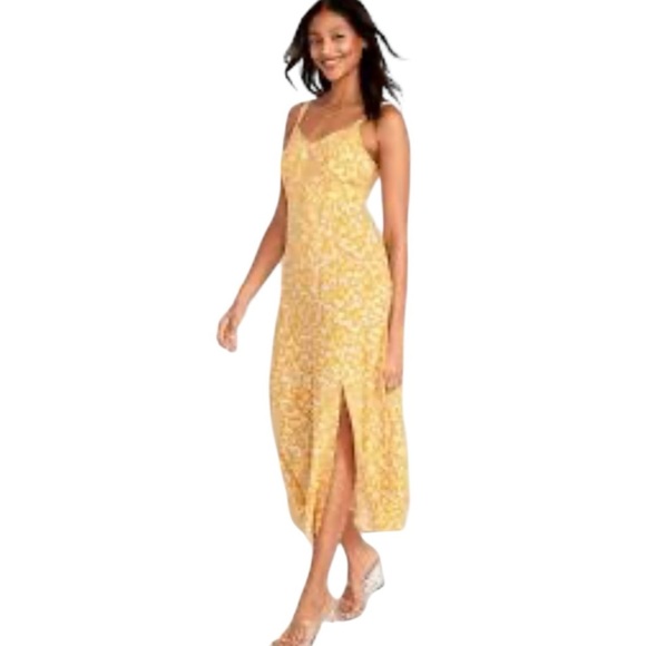 Old Navy Women L Yellow Floral Maxi Slip Cottage Core Boho Romantic Slit Dress - Picture 1 of 13